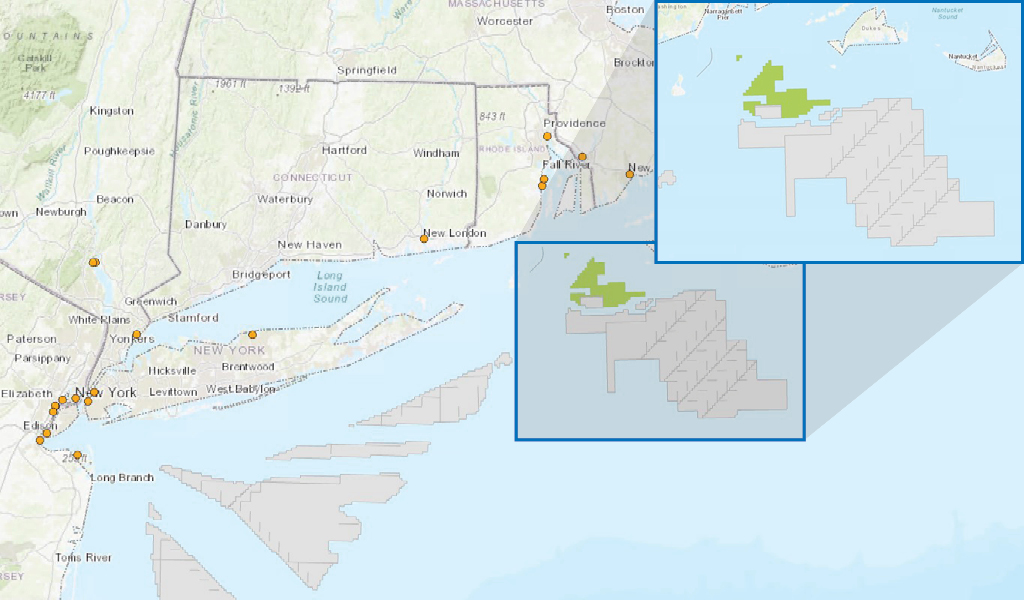 Graphic of wind farm lease area on an ocean map.