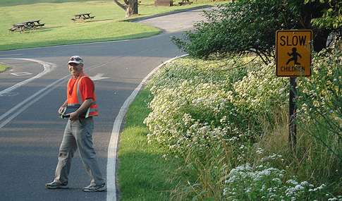 A man crossing Skyline Drive in Shenandoah National Park.