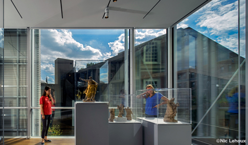 Looking out from large windows inside the Harvard Art Museum in Cambridge, Massachusetts.