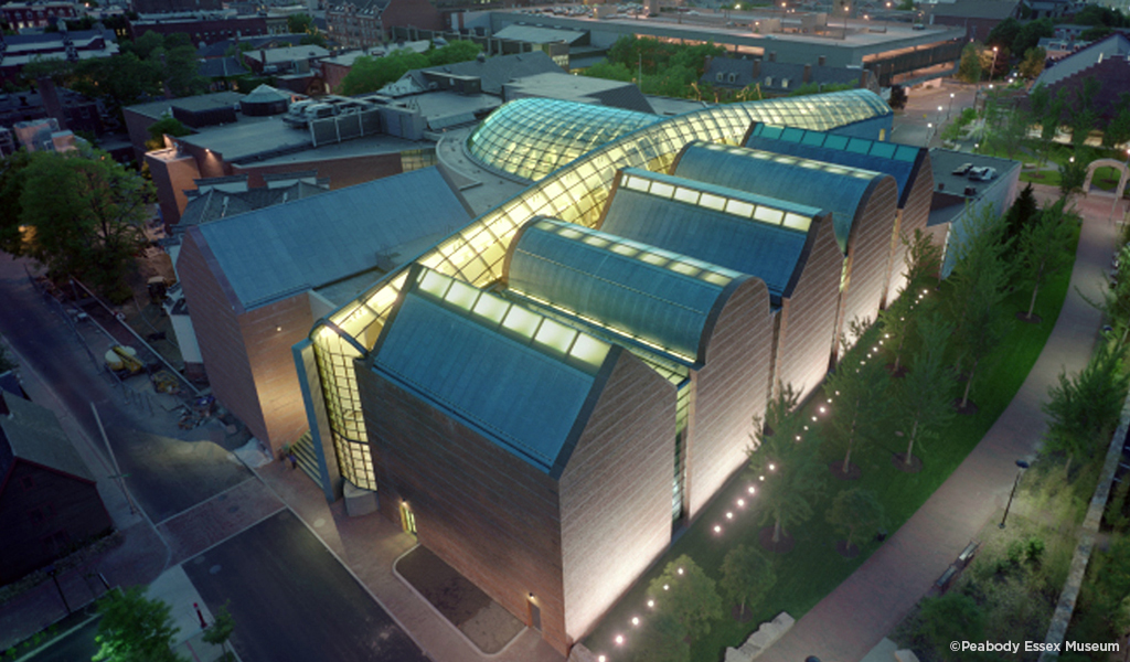 Aerial view of Peabody Essex Museum at night.