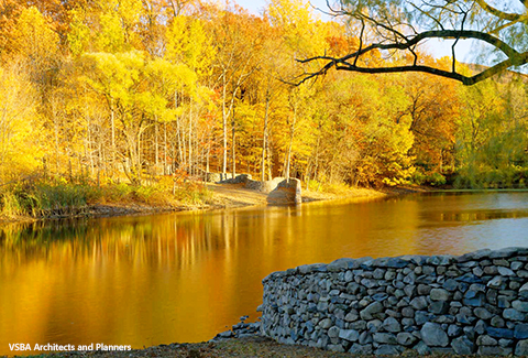 Waterfront view in autumn at Storm King Art Center in New Windsor, NY.