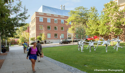 Students walk and bike to class on The Walk at Brown University