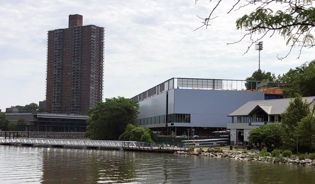 Waterfront tennis facility under construction.