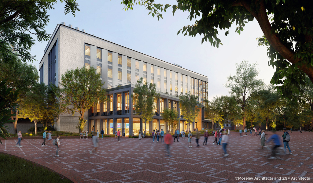 Exterior view of the new building surrounded by students moving through campus.