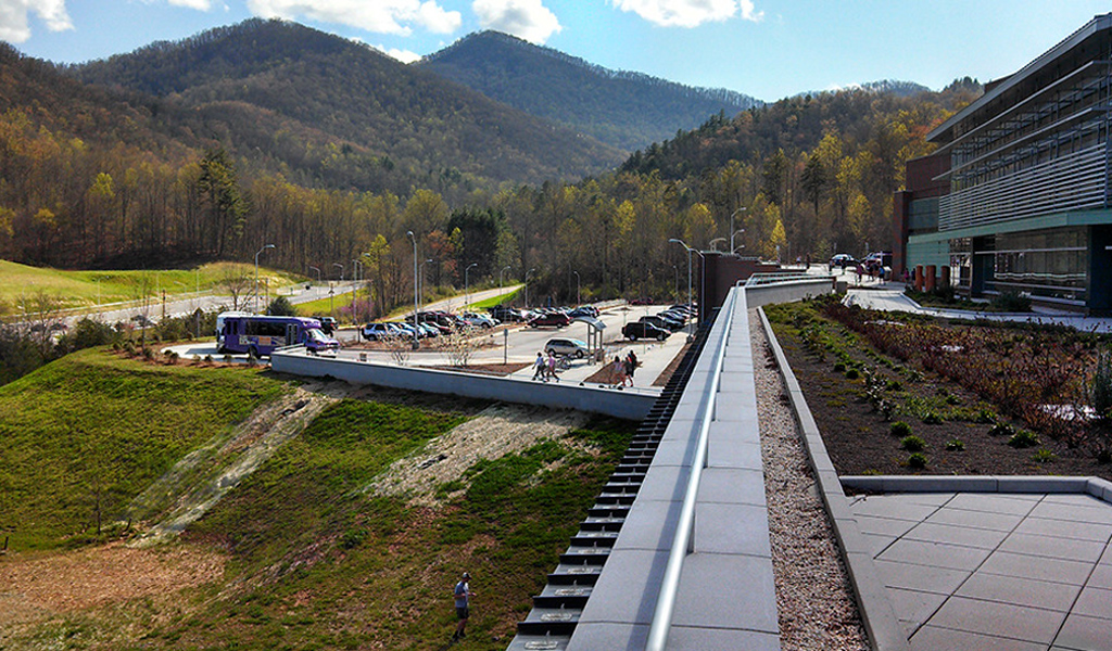 View of the mountains from the top of the parking deck at Western Carolina University.