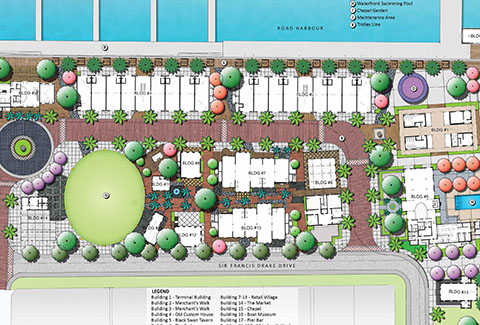 Illustration of the Tortola Pier Park in Tortola, British Virgin Islands.