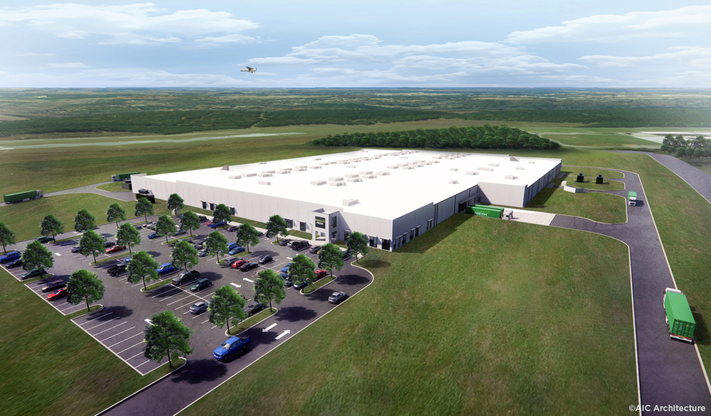 Bird’s eye architectural rendering of a large vegetable production facility with adjacent parking. 