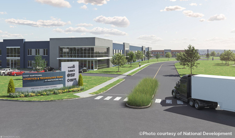 Daytime rendering of truck entering a modern industrial area with signage and modern buildings surrounded by landscaped grounds and trees.