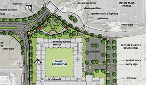 An aerial depiction of a parking lot, trees and development parcels