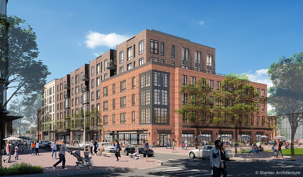 Active pedestrian streetscape surrounding a mixed-used building in the Pattern District.