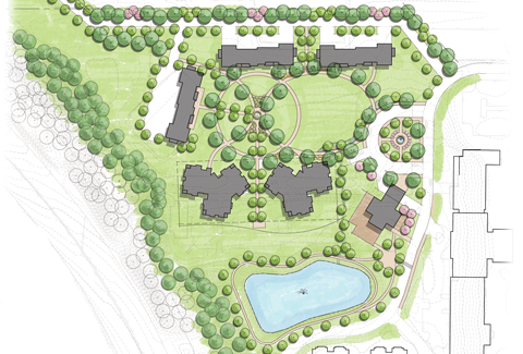 An aerial rendering of the Westminster Canterbury expansion that includes the future villas, pedestrian circulation, and open green spaces.