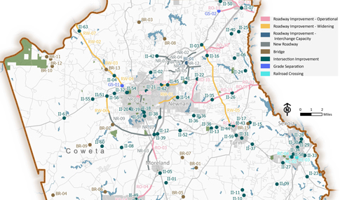 A map of roadway improvements in Coweta County, Georgia, 