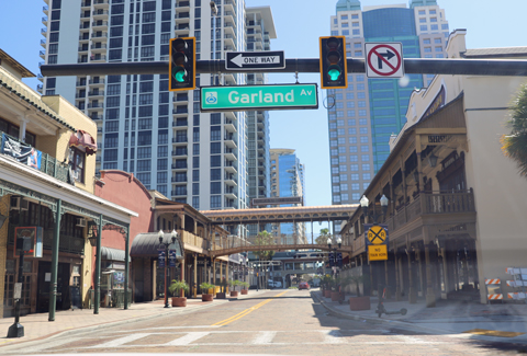 Garland Ave street sign at a busy intersection.