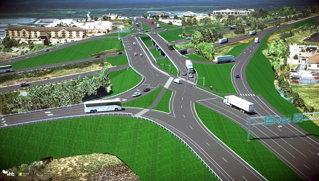 Aerial view of a simulated highway interchange.