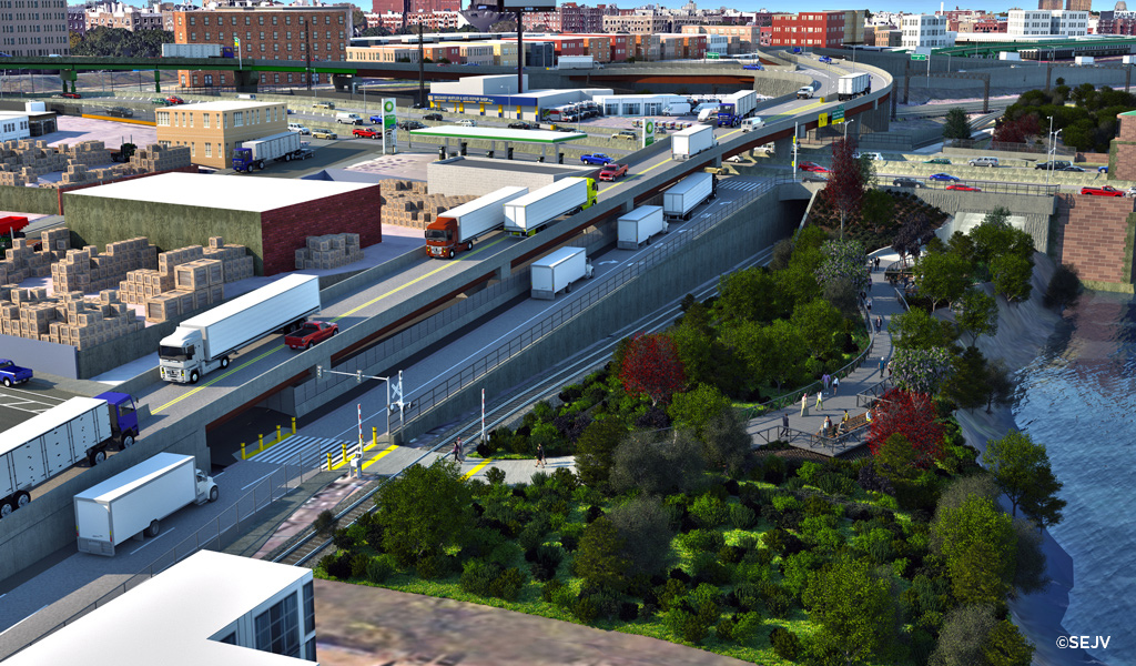 Highway improvements adjacent new waterfront park rendering