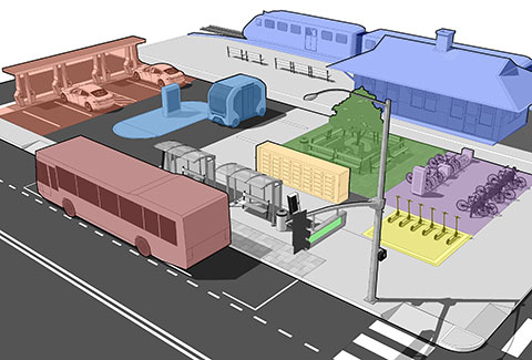 Rendering of proposed mobility hub with train.