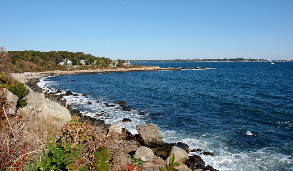 Massachusetts coastline on sunny day. 