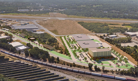 Bird’s eye view of proposed plans to develop the land into a hotel and two warehouses. 