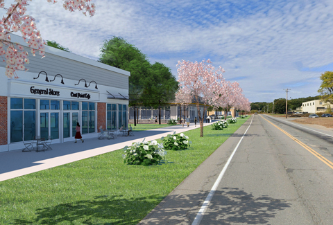 Street view of proposed retail establishments along Crawford Road. 