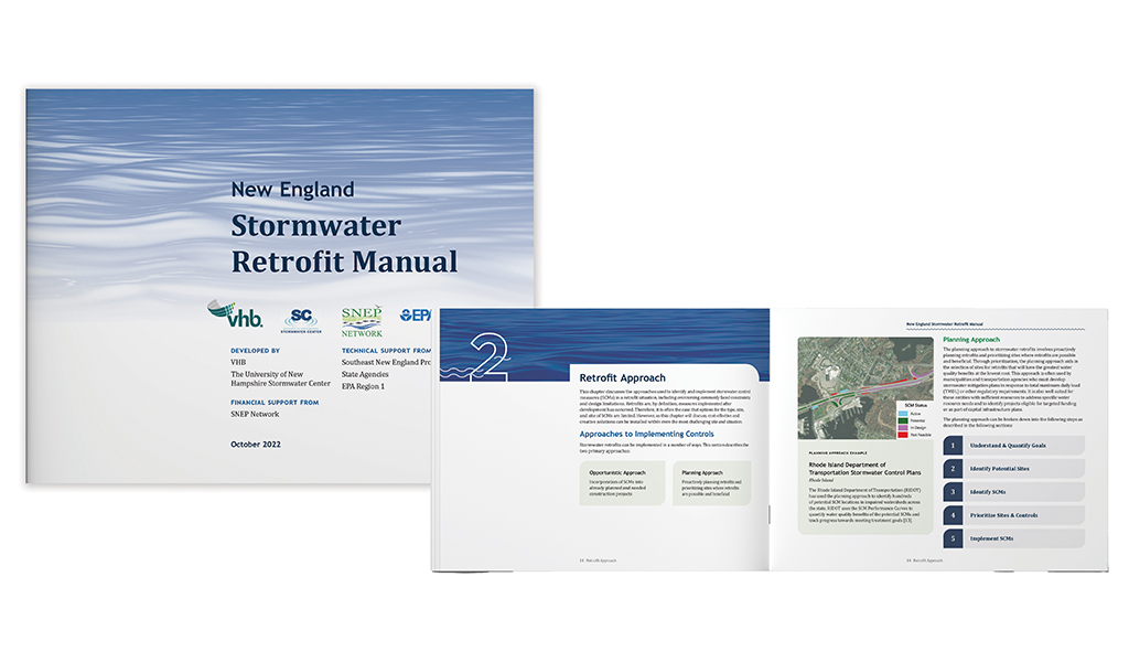 Cover and inside pages of the New England Stormwater Retrofit Manual.