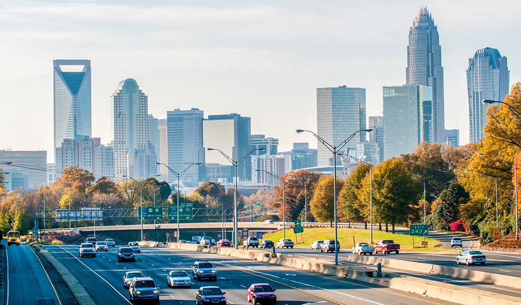 Traffic on U.S. Route 74 heading toward downtown Charlotte, NC