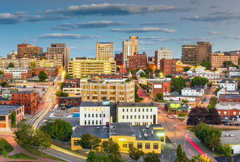 Portland, Maine downtown skyline at twilight.