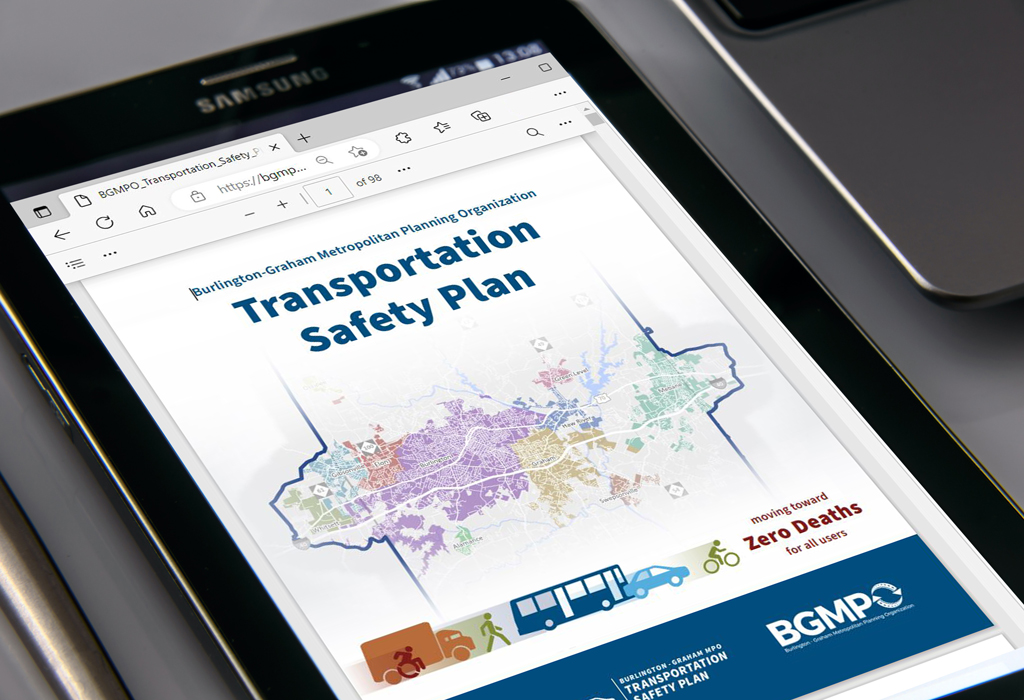 Front cover of the BGMPO Transportation Safety Plan displayed on a tablet.