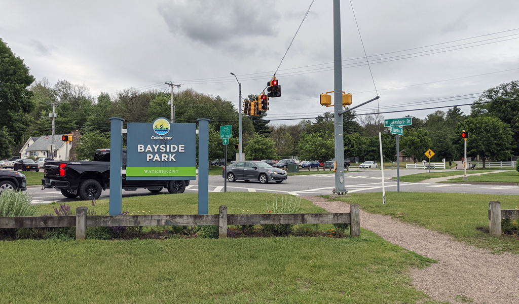 A grassy, signalized intersection with street signs and multiple vehicles visible on the road.