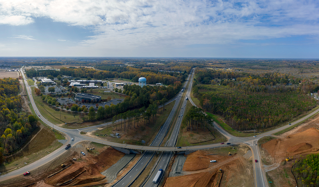 Aerial view of the North Old Carriage Road/Eastern Avenue/Sunset Avenue Widening actively under construction.