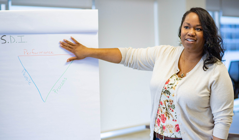 A VHB team member stands at an easel and presents information.