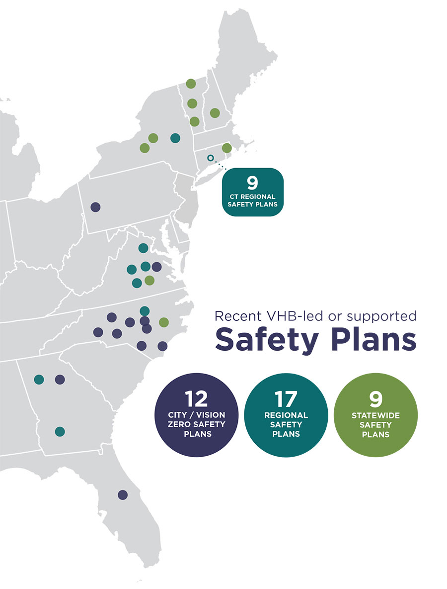 Map of the United States east coast that includes dots to represent the safety plans VHB has either led or assisted with.