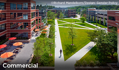 Courtyard space and outdoor seating surrounding MathWorks Headquarter building.