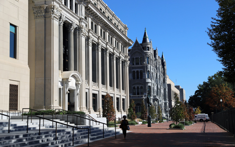 The front façade and plaza at the General Assembly Building.