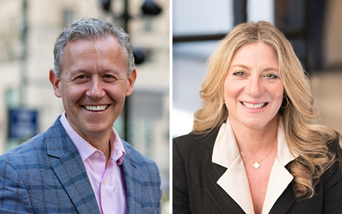 Headshots of a man and woman smiling.