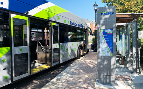 A RideOn bus parked at one of the new transit centers.