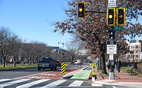 The dedicated bike and bus lanes on Pennsylvania Avenue SE.