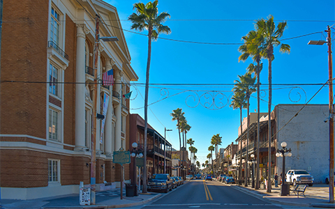 A street lined by historic buildings, cars, and tall palms