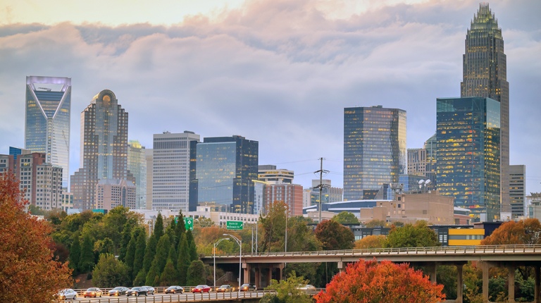 The skyline of Charlotte, North Carolina, at dusk.