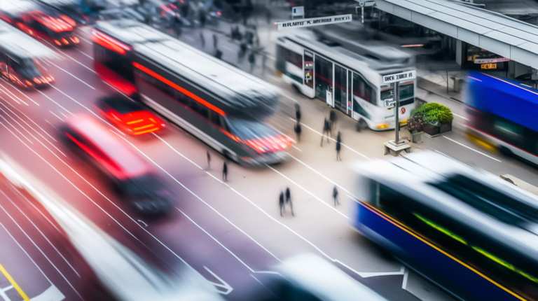 Digital illustration of mobility hub with blurred buses, trains, and pedestrians.