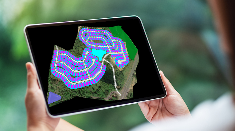 An aerial topographic depiction of a model-based design of a planned community.