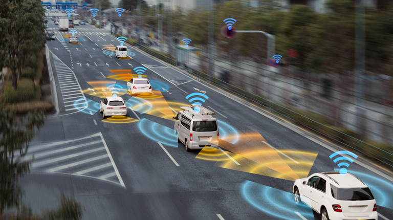 Sensing system and wireless communication network of vehicle. Autonomous car. Driverless car. Self driving vehicle.