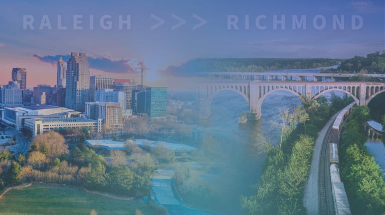 City skylines of Raleigh, NC, and iconic Richmond, VA, bridge over the James River.