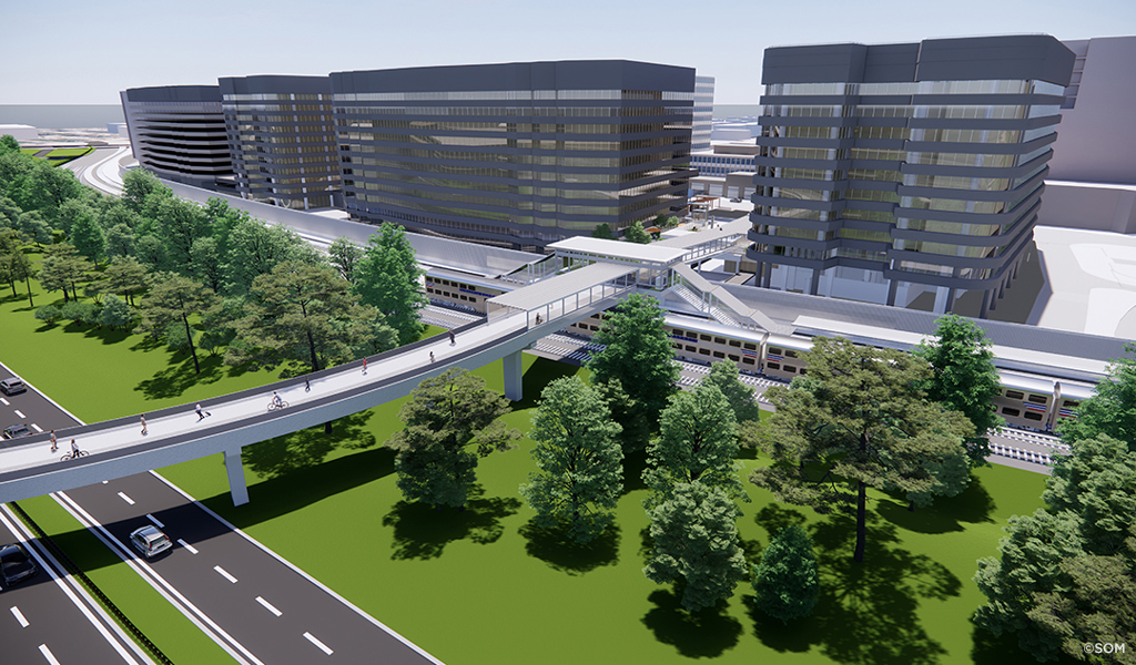 Rendering that features the pedestrian bridge connecting to VRE’s Crystal City Station.