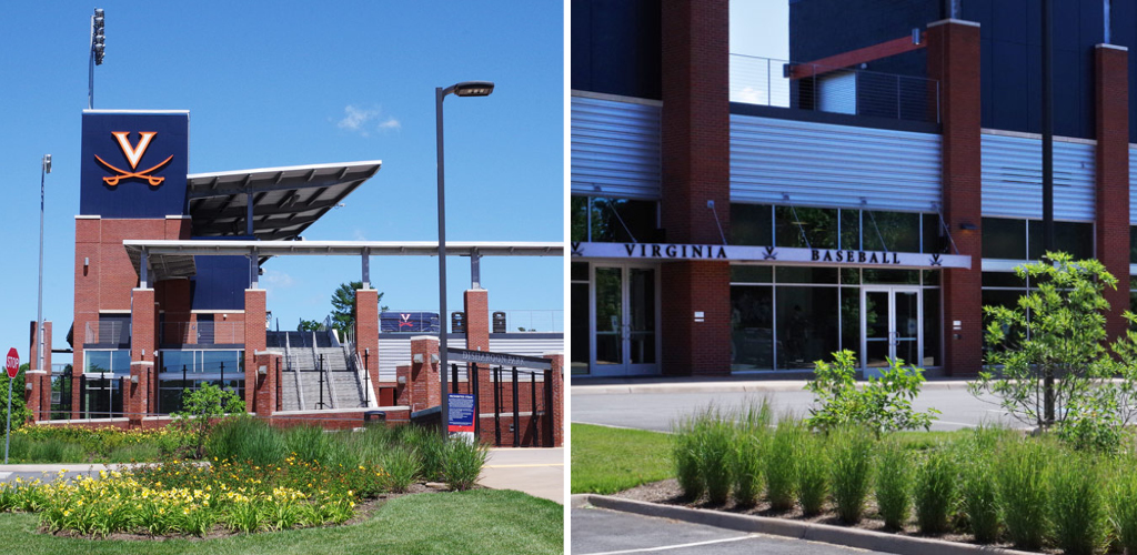 Collage of the front facade of UVA’s Davenport Field and Stormwater management solutions and plantings for UVA’s Davenport Field.