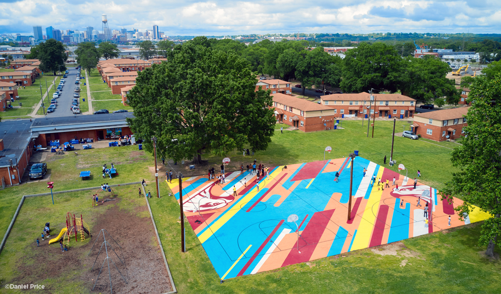 Aerial view of the colorful basketball courts at Hillside Court.