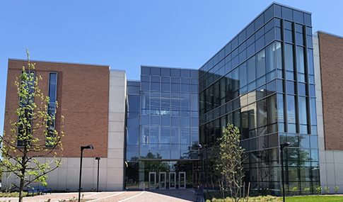 The new front entrance and stormwater management features of ODU’s Health Sciences Building