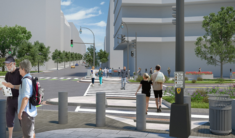 Rendering of pedestrians crossing street with proposed safety measures.