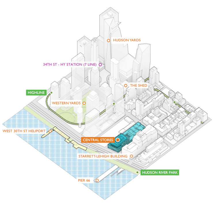 Three-dimensional view of two buildings in context of the surrounding neighborhood.