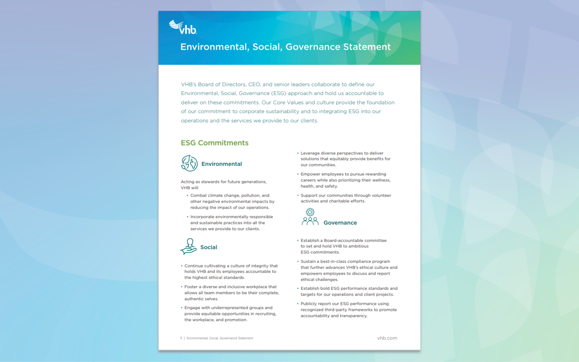 Read VHB's Environmental, Social, Governance Statement