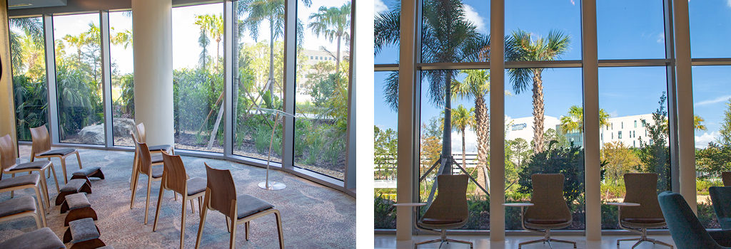 Understanding that not all patients can get out and utilize the exterior landscape in a healthcare setting, we paid attention to exterior views from the indoors: what people inside see from their patient tower windows looking down at the landscape, sitting in the sanctuary, or from the internal building corridors.